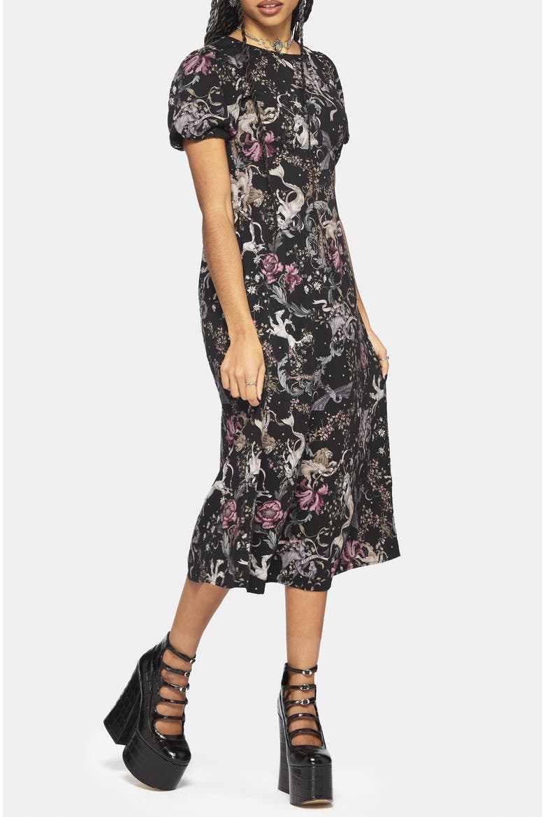 Merunicorn Enchanted Forest Midi Dress, Alternate, color, Black