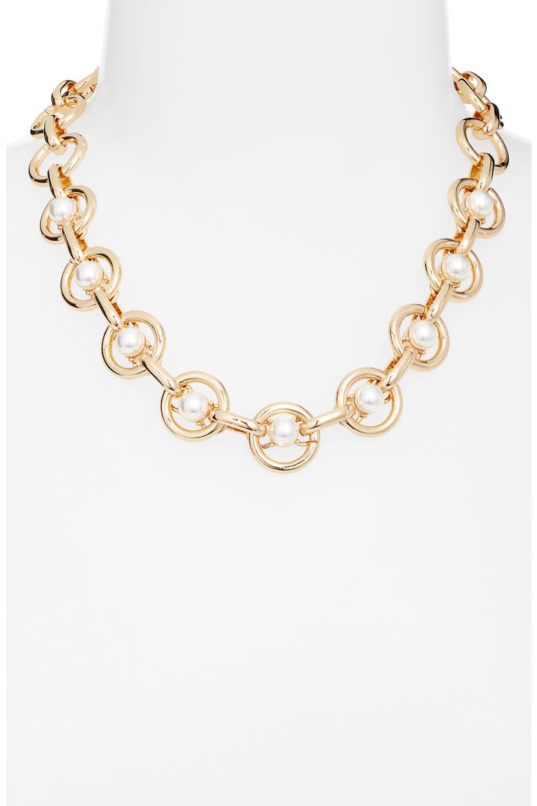 Faux Pearl Round Link Necklace, Alternate, color, WHITE- GOLD