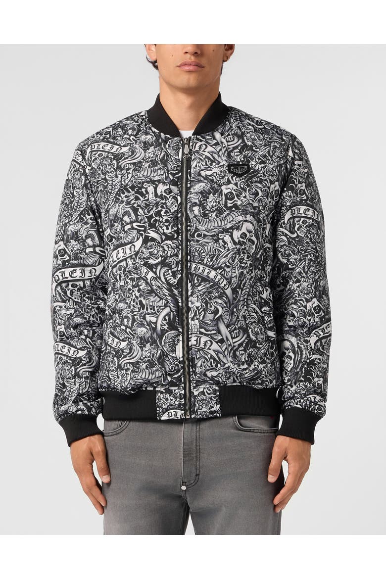 Nylon Bomber All-Over Tattoo Men, Main, color, black