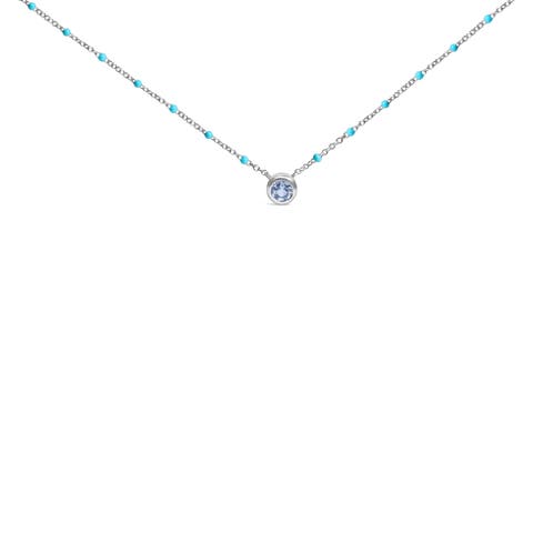 Sterling Silver Bezel Set Light Blue Aquamarine and Enamel Bead Chain Necklace