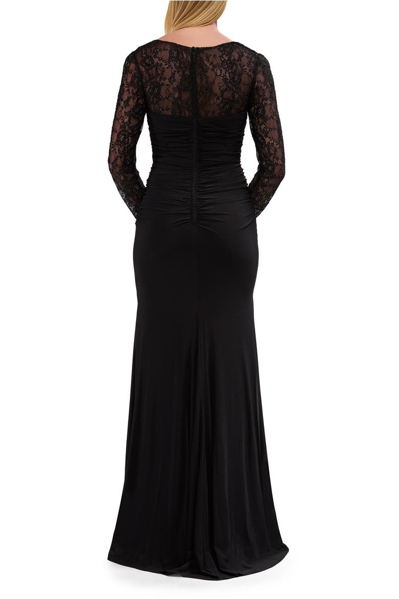 Long Sleeve Evening Dress with Ruching and Lace Details, Alternate, color, Black