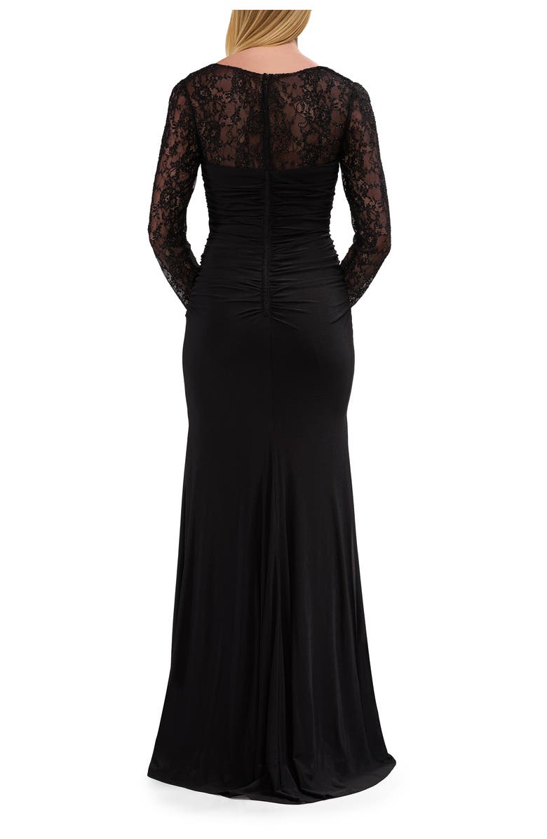 La Femme Long Sleeve Evening Dress with Ruching and Lace Details, Alternate, color, Black