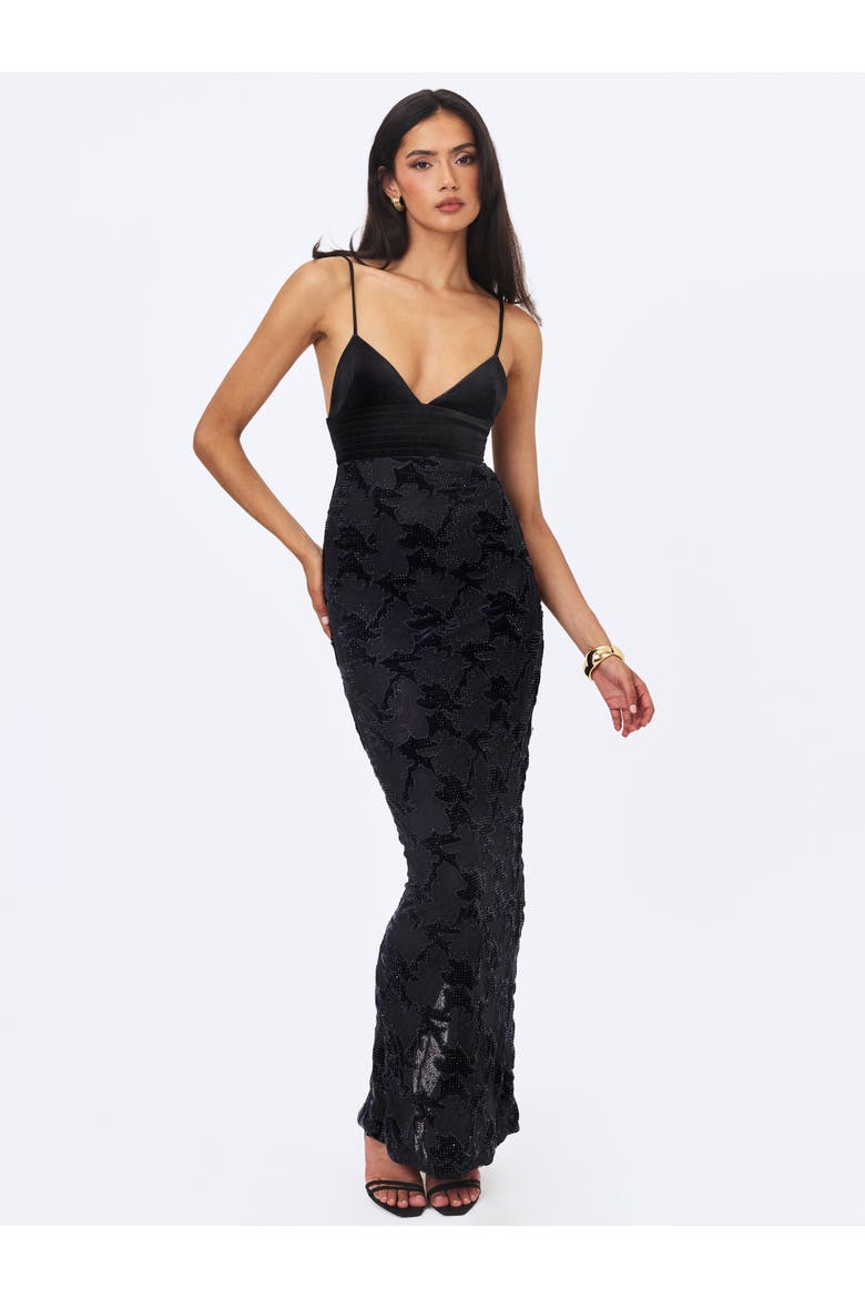 Quinsley Velvet Crystal Lace Maxi Dress, Alternate, color, Black