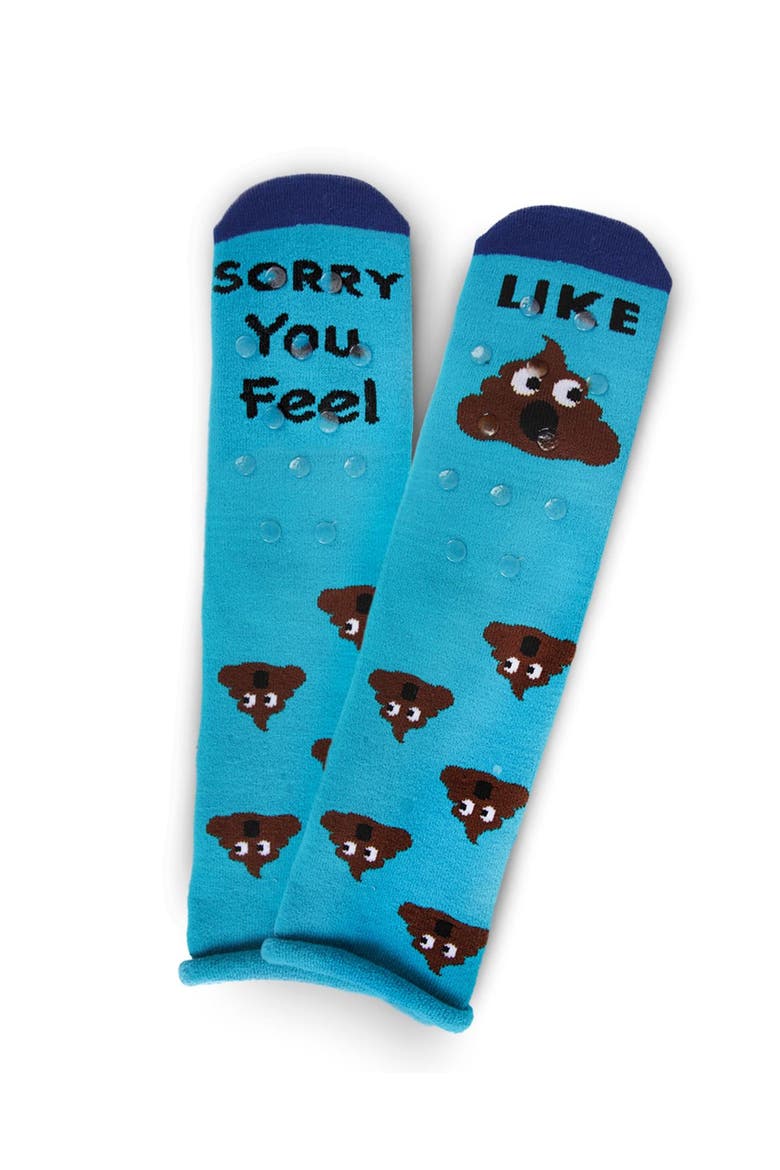 Big Kid's Sorry You Feel Like Poop Emoji Greeting Card Crew Socks, Alternate, color, Turquoise