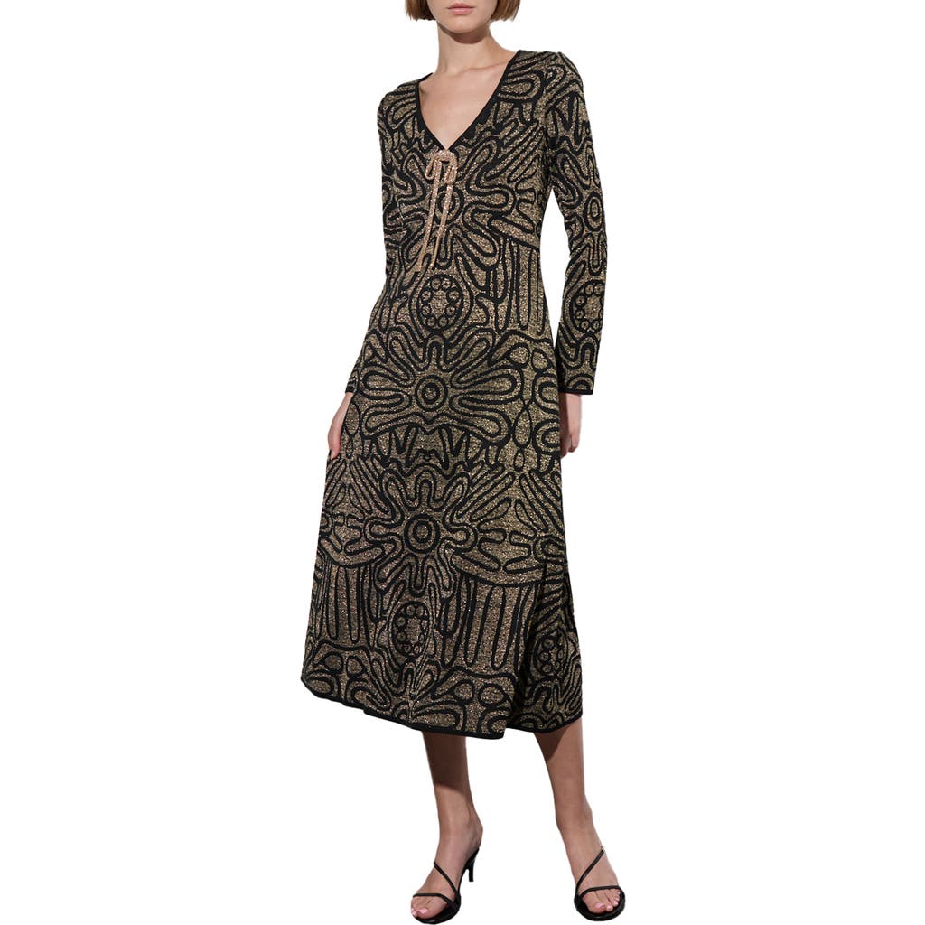 Ming Wang Metallic Swirl Long Sleeve Midi Dress in Black/gold