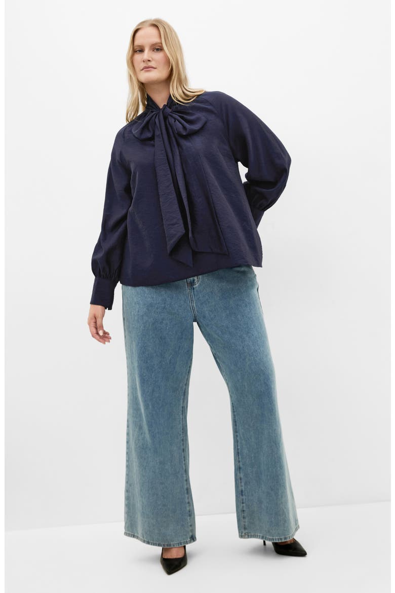 Kelsey Bow Neck Long Sleeve Crepe Top, Alternate, color, NAVY