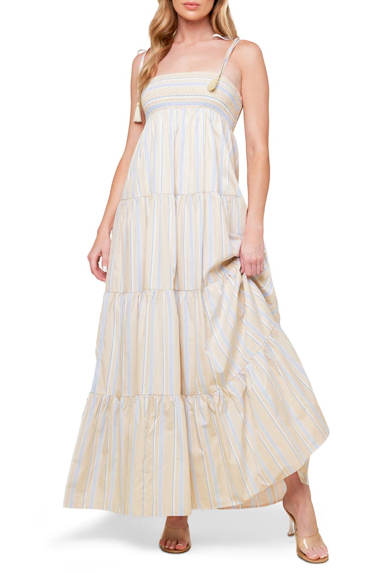 Tied Shoulder Maxi Dress, Main, color, TAUPE/ BLUE