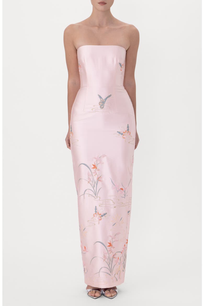 Ilsa Embroidered Strapless Satin Gown, Main, color, PINK MULTI