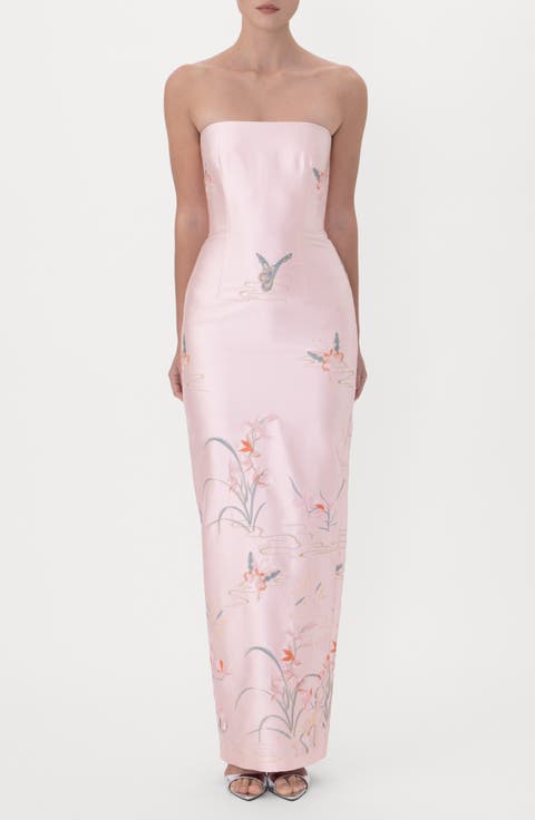Ilsa Embroidered Strapless Satin Gown