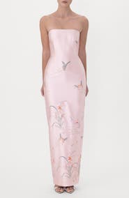 SAU LEE Ilsa Embroidered Strapless Satin Gown