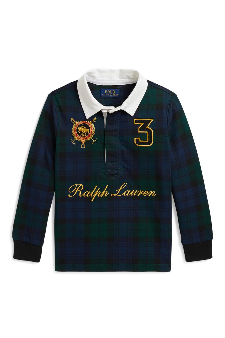 Kids' Long Sleeve Cotton Jersey Rugby Shirt, Main, color, BLACKWATCH TARTAN