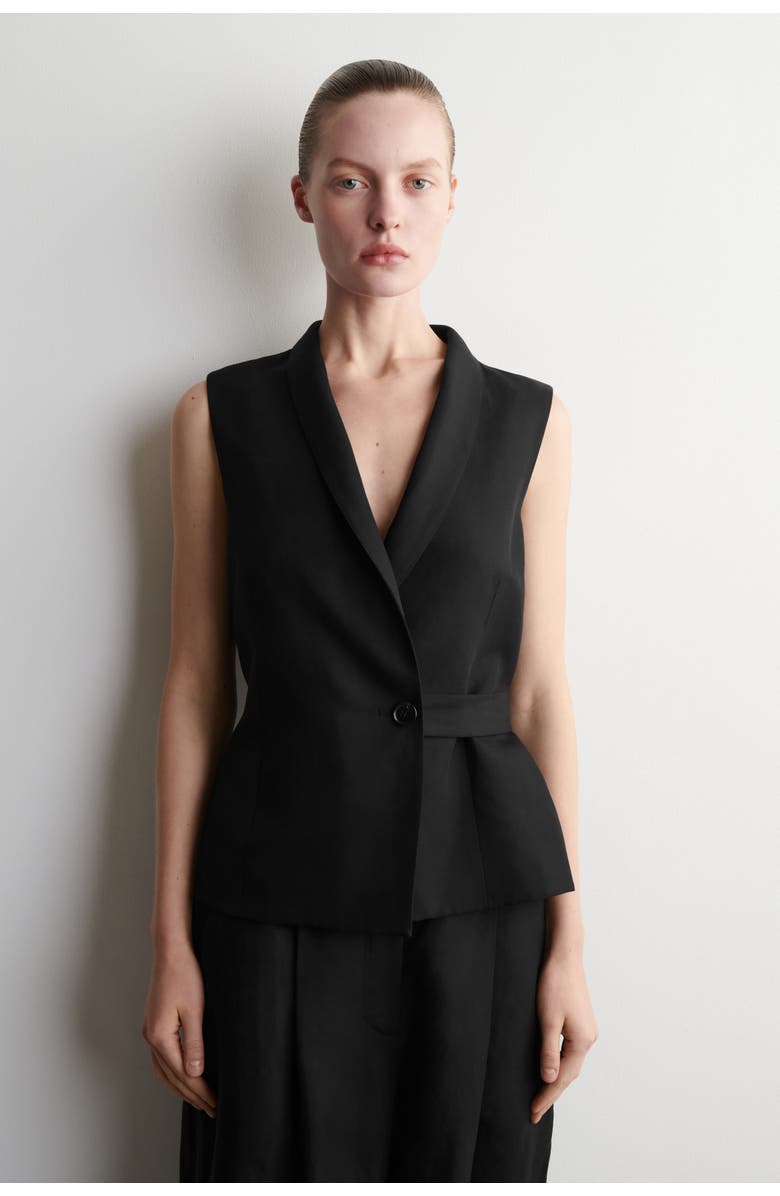 COS Shawl-collar Belted Linen-blend Waistcoat, Main, color, Black