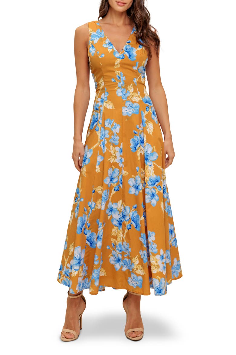 Floral Fit & Flare Midi Dress, Main, color, CAMEL