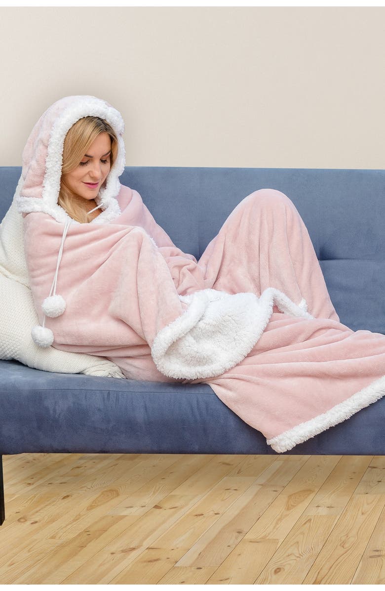 Duck River Textile Solid Hooded Reversible Throw Blanket with Side Pockets - Blush, Alternate, color,