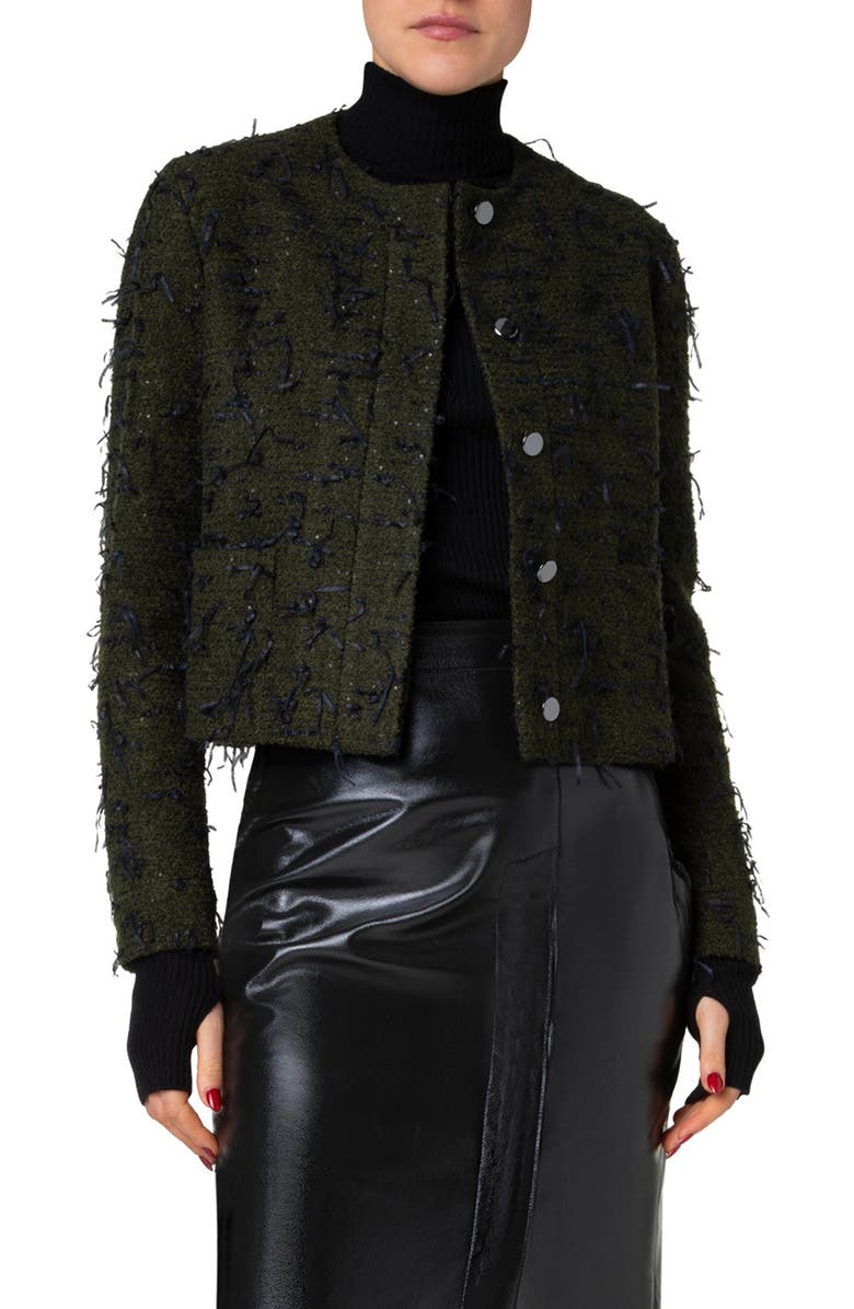 Akris Bea Sequin Bouclé Short Jacket, Main, color, Kale Green