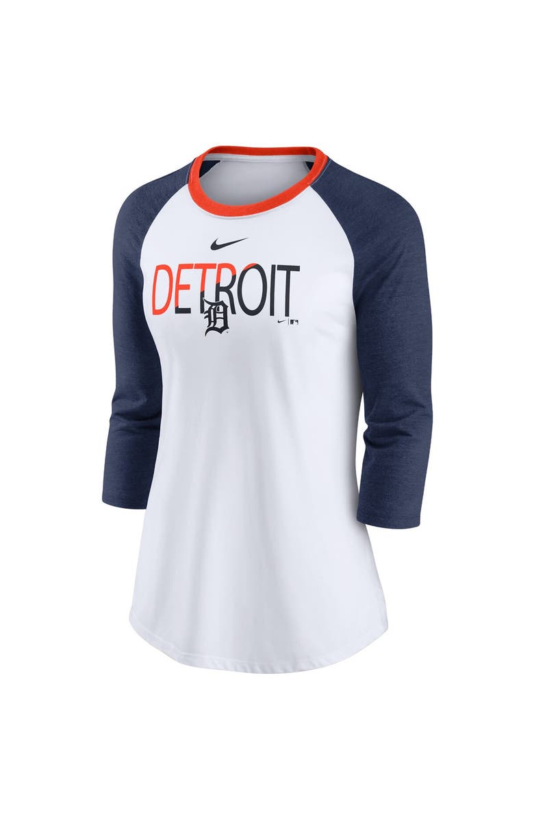 Nike Women's Nike White/Heathered Navy Detroit Tigers Color Split Tri-Blend 3/4-Sleeve Raglan T-Shirt, Alternate, color, 