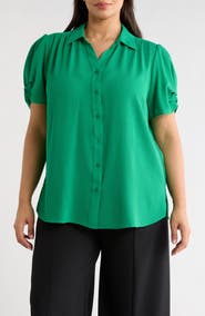 Adrianna Papell Gathered Short Sleeve Button-Up Shirt