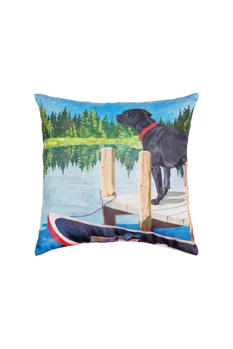 Dog Lake Pier Indoor/Outdoor Accent Throw Pillow, 18" x 18", Main, color, Blue