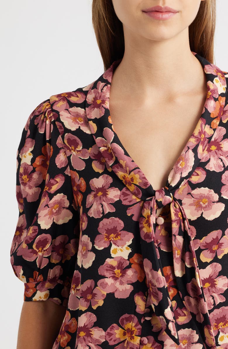 Reformation Joelle Floral Tie Neck Button-Up Top, Alternate, color, Pansy