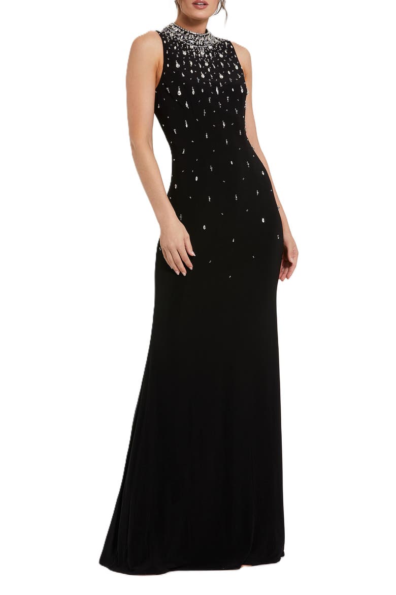 High Neck Sleeveless Beaded Jersey Fitted Gown, Main, color, Black