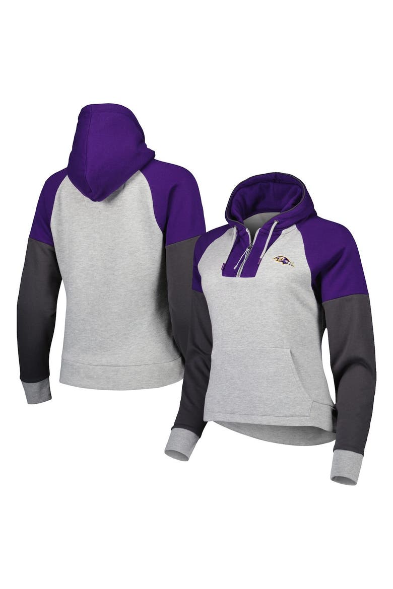 Women's Antigua  Heather Gray Baltimore Ravens Lightweight Jackpot Raglan Half-Zip Pullover Hoodie, Main, color, Heather Gray