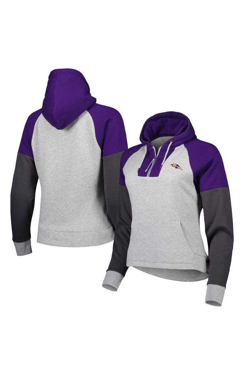 ANTIGUA Women's Antigua Heather Gray Baltimore Ravens Lightweight Jackpot Raglan Half-Zip Pullover Hoodie, Main, color,