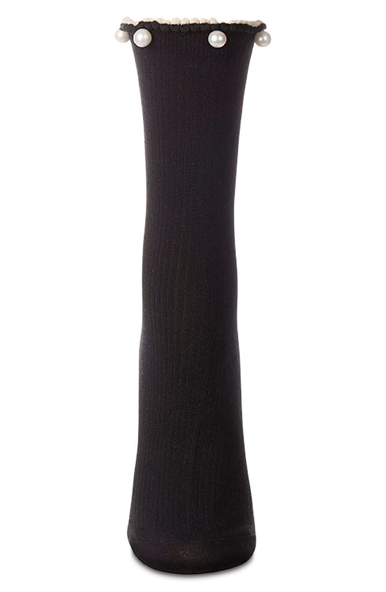 MeMoi Faux Pearl Lettuce Edge Cotton Blend Crew Socks, Alternate, color, Black