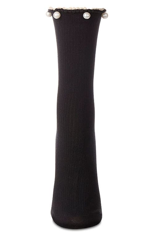 Memoi Faux Pearl Lettuce Edge Cotton Blend Crew Socks In Blue
