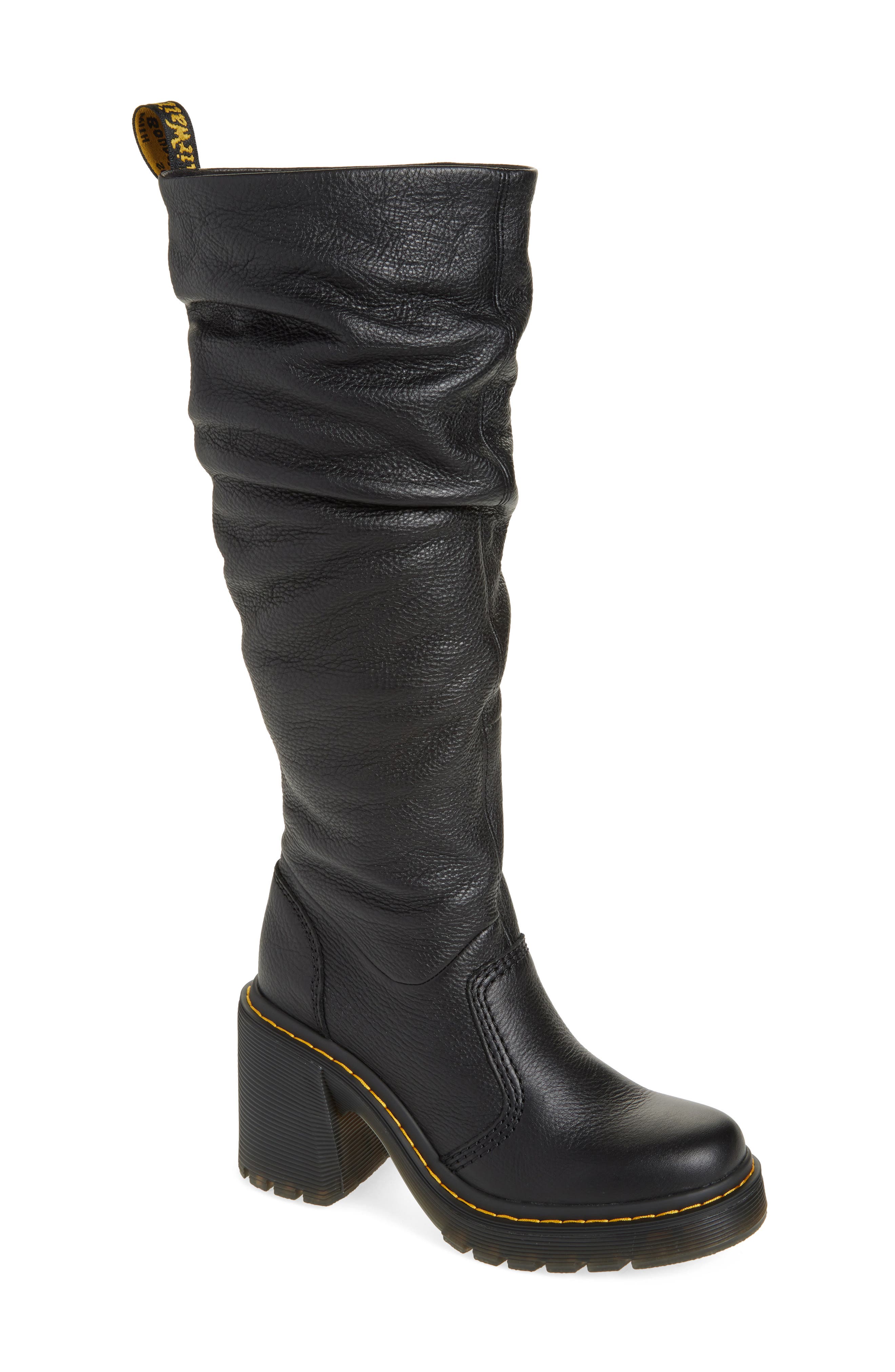 Kasey Ruched Leather Tall Boot, Main, color, BLACK
