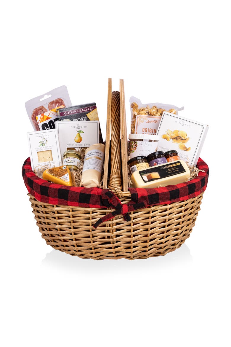 Country Basket with Gourmet Gift Pack, Main, color, Red & Black Buffalo Plaid