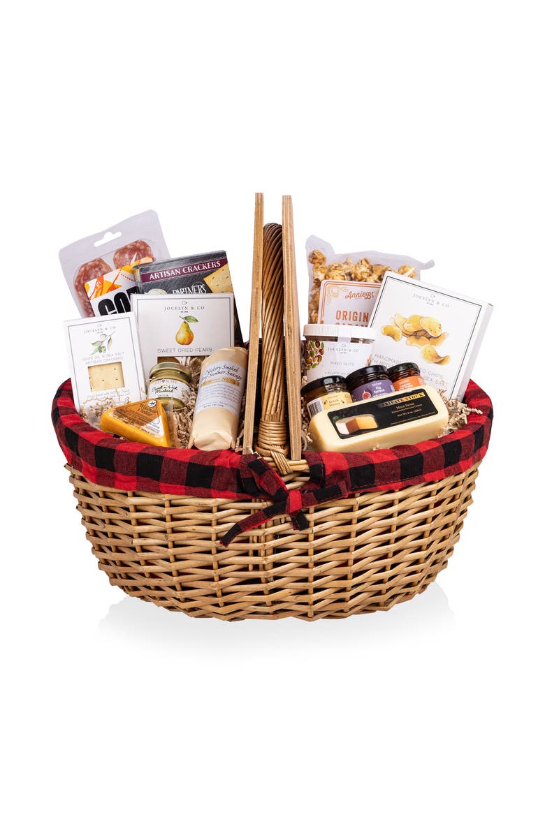 Picnic Time Country Basket with Gourmet Gift Pack, Main, color, Red & Black Buffalo Plaid