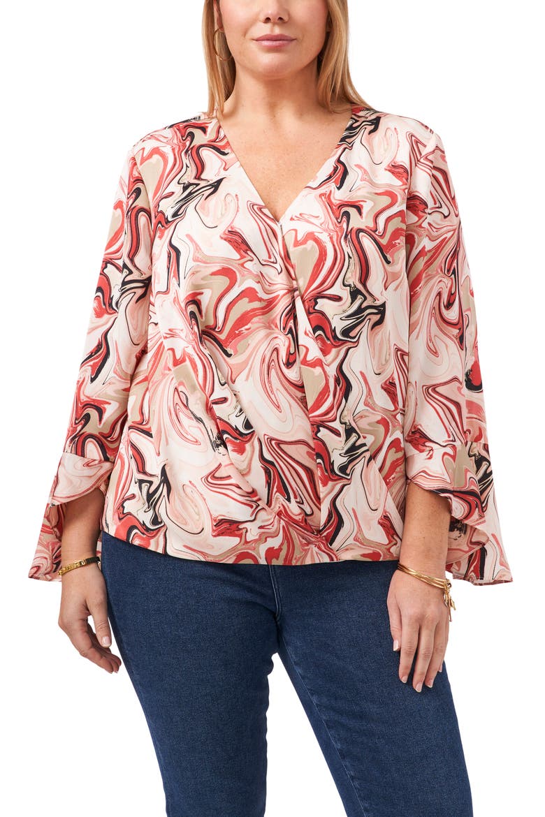 Flare Cuff Faux Wrap Blouse, Main, color, RED SEPIA