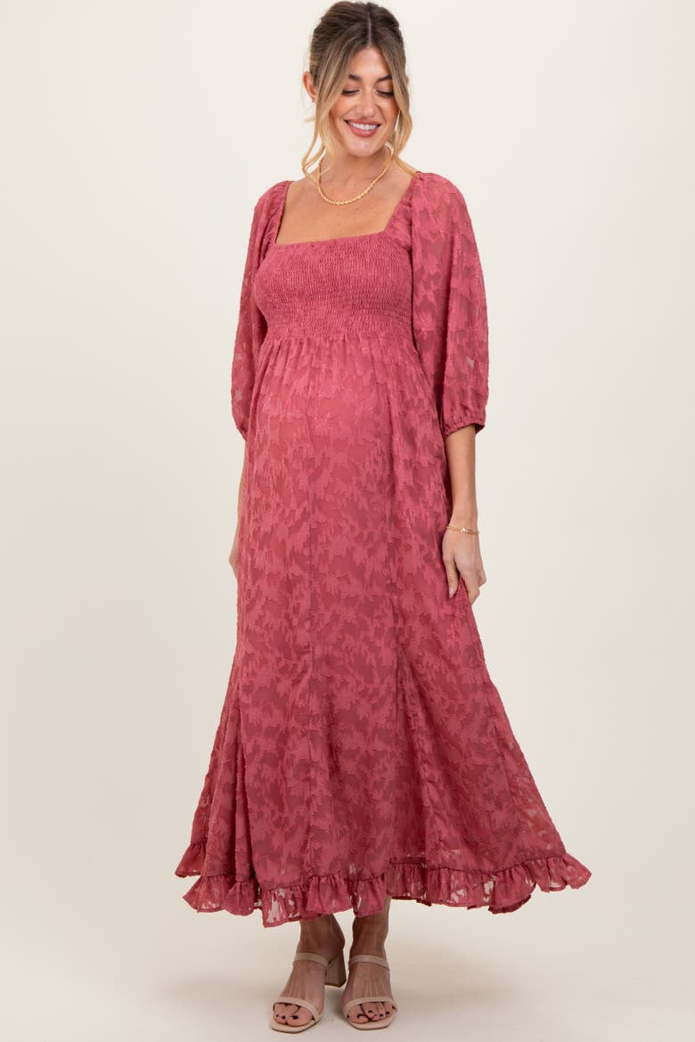 Textured Overlay Smocked Ruffled Hem Maxi Dress, Main, color, Mauve