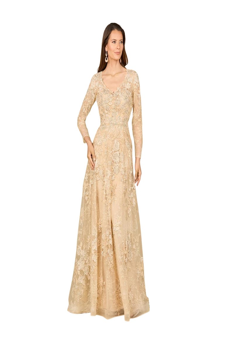 Lace Ballgown with Long Sleeves, Main, color, Champagne