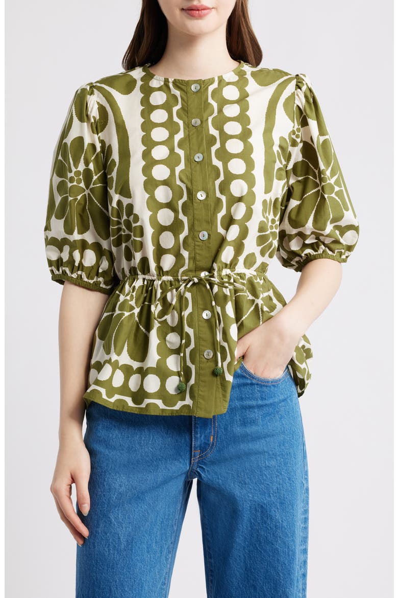 Palermo Floral Cotton Drawstring Waist Button-Up Shirt, Main, color, PALERMO GREEN