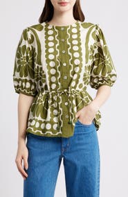 FARM Rio Palermo Floral Cotton Drawstring Waist Button-Up Shirt