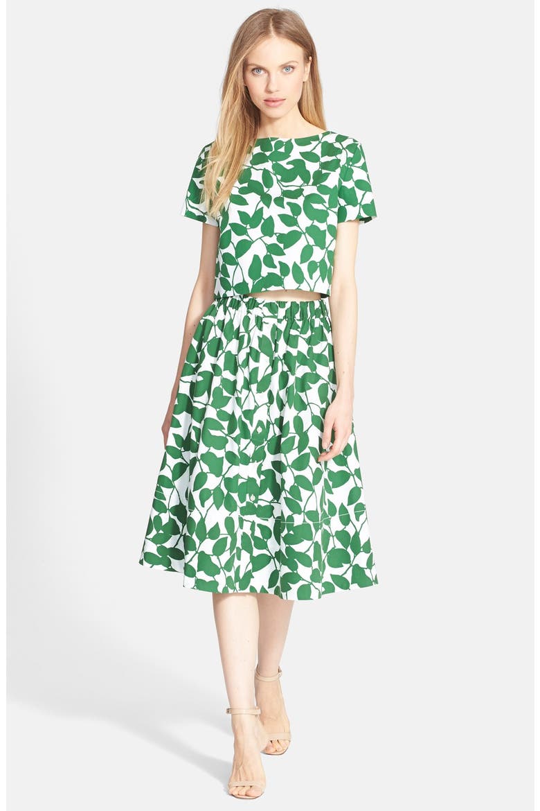 'garden leaves' print flare skirt, Main, color, LUCKY GREEN