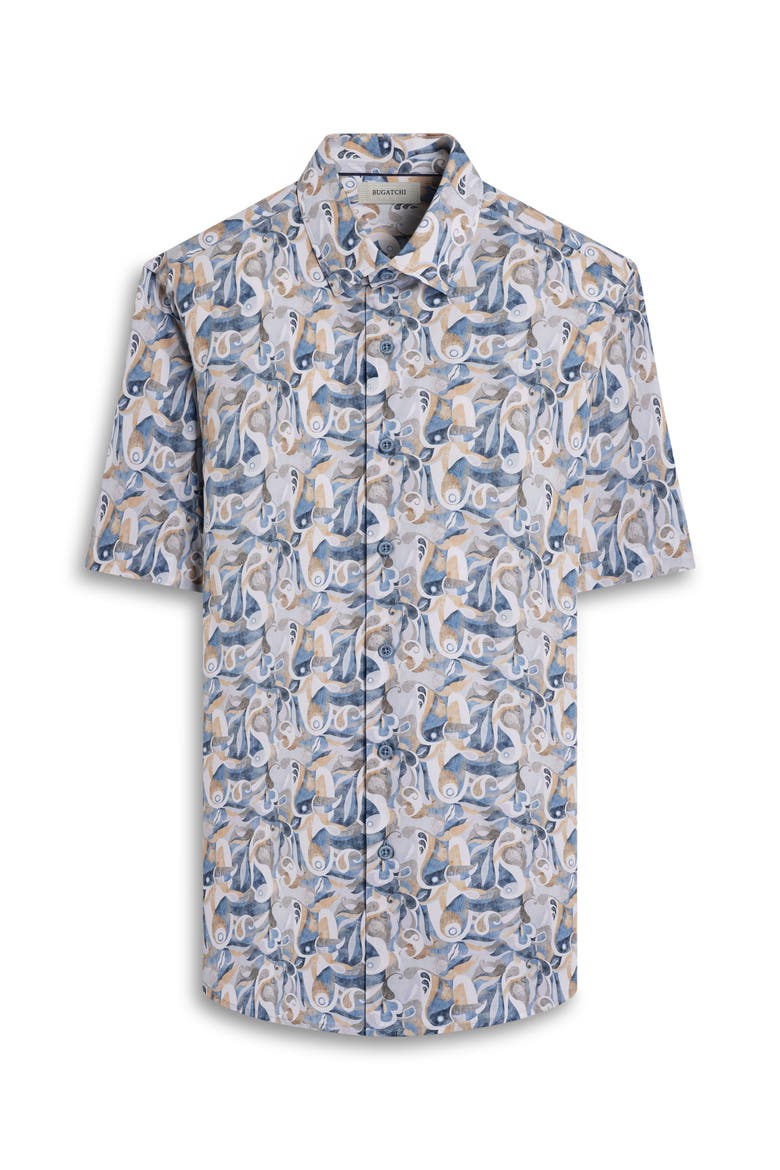 Orson Shaped Fit Abstract Paisley Short Sleeve Stretch Cotton Button-Up Shirt, Alternate, color, COBALT