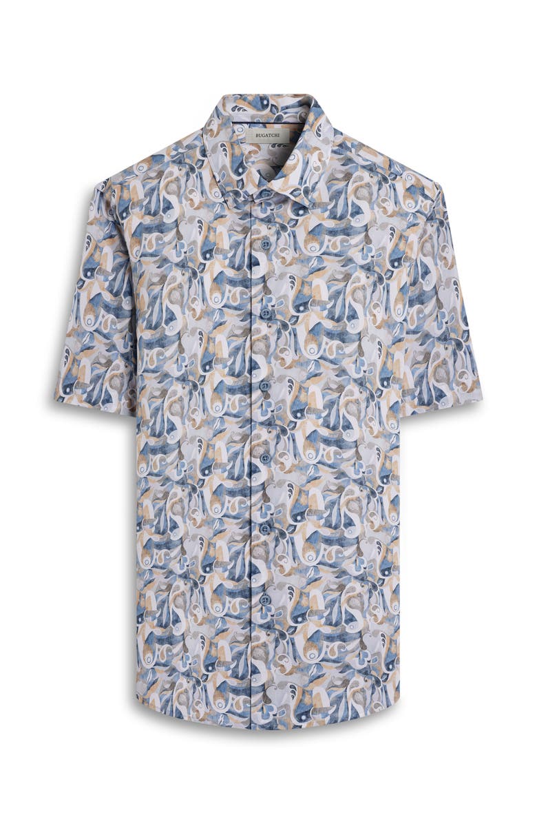 Bugatchi Orson Shaped Fit Abstract Paisley Short Sleeve Stretch Cotton Button-Up Shirt, Alternate, color, Cobalt
