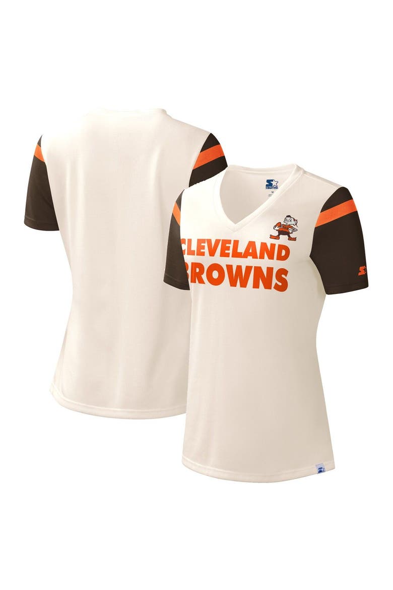 Women's Starter Cream Cleveland Browns Kick Start V-Neck T-Shirt, Main, color, Cream