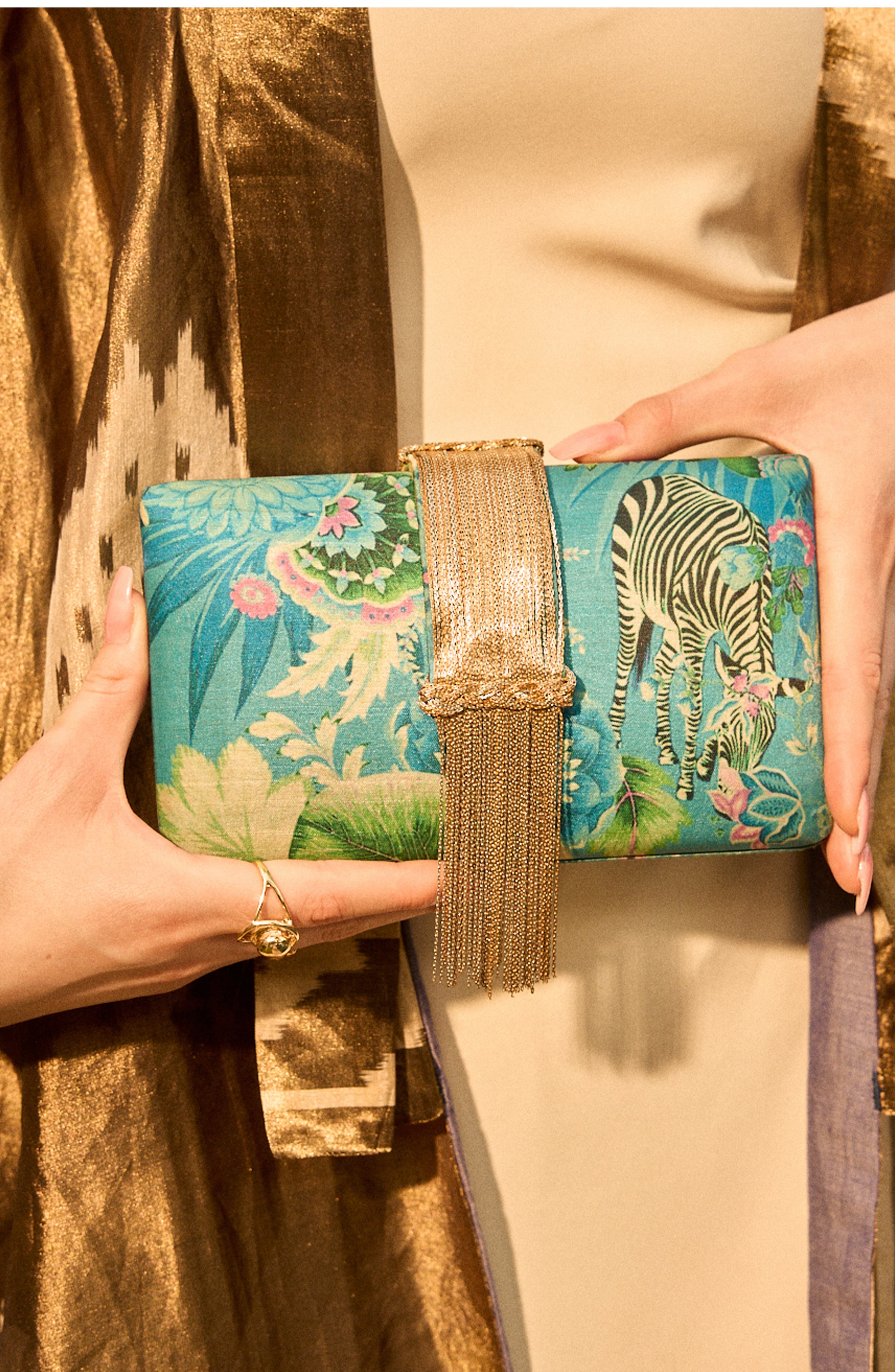 Simitri Printed Fringe Clutch, Alternate, color, Safari Blue