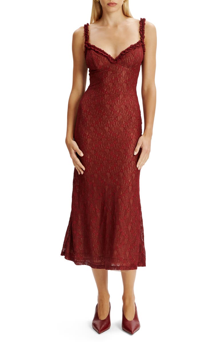 Bardot Alegra Stretch Lace Dress, Main, color, Burgundy