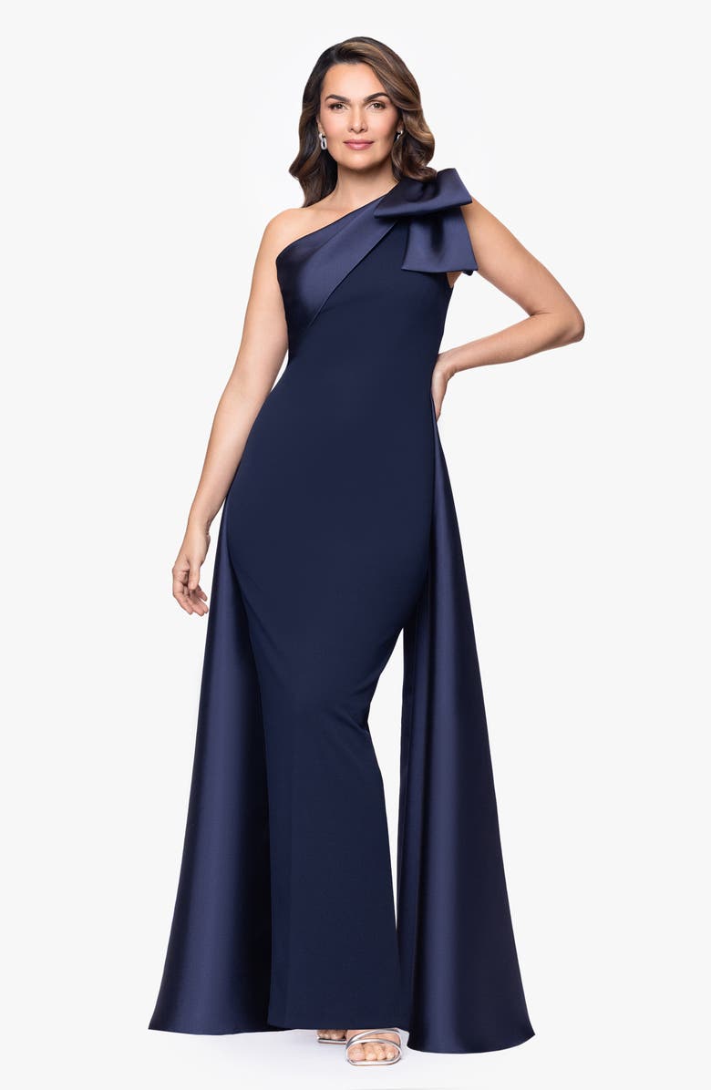 Betsy & Adam Bow One-Shoulder Mikado Gown, Alternate, color, Navy