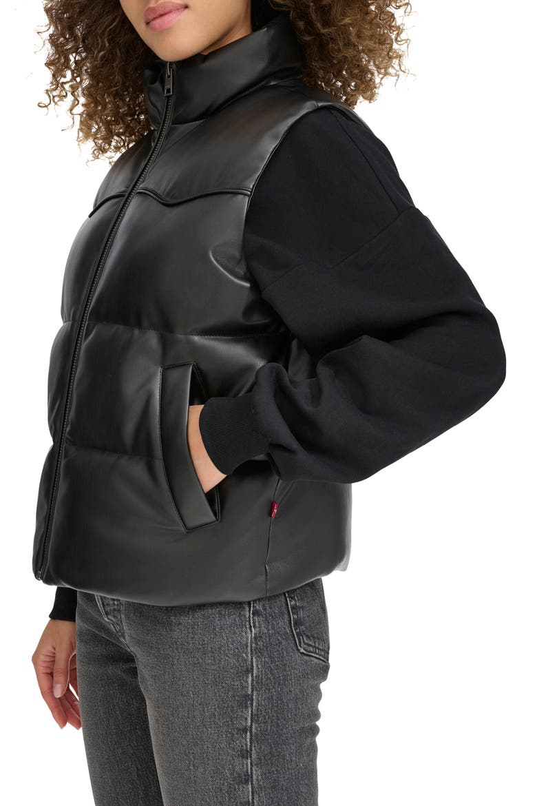 Faux Leather Western Puffer Vest, Alternate, color, BLACK