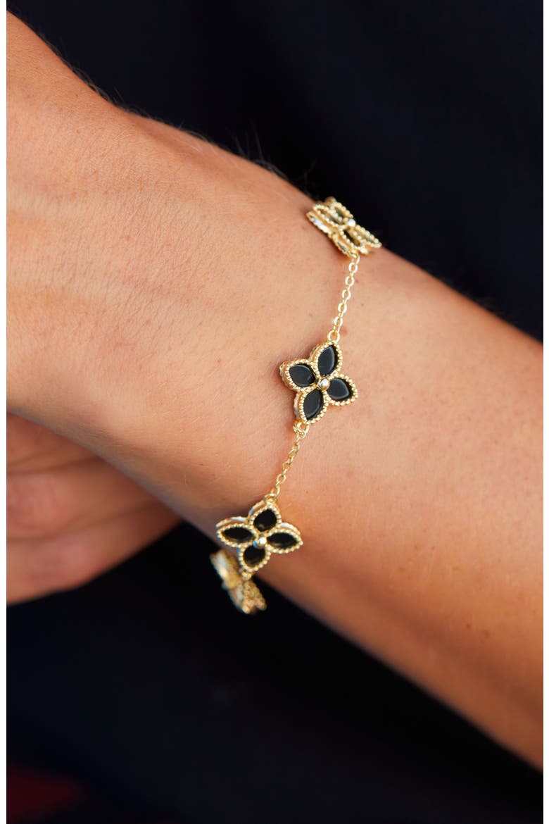 Yellow Gold Vermeil Onyx Flower Station Bracelet, Alternate, color, BLACK