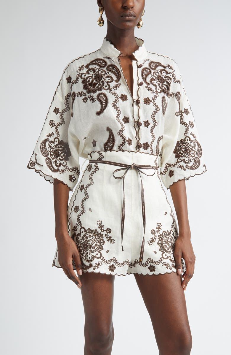 Zimmermann Ascension Embroidered Linen Shirt, Main, color, Ivory/ Chocolate