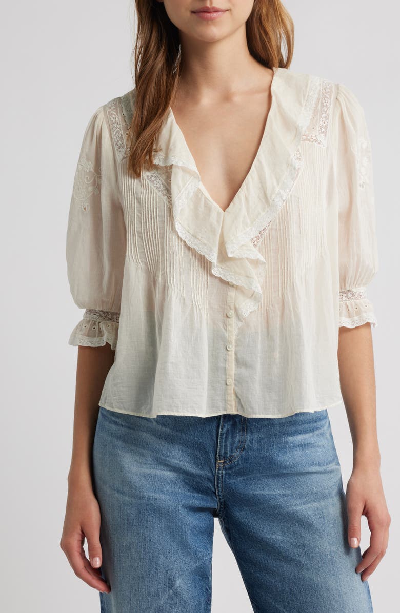 LoveShackFancy Sinora Lace & Ruffle Top, Alternate, color, Optic White