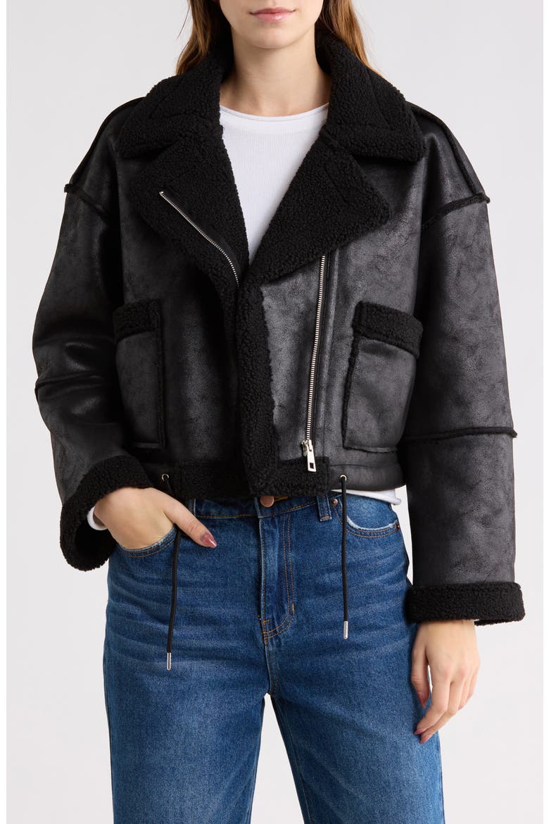 Faux Shearling Lined Moto Jacket, Main, color, BLACK