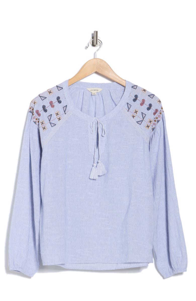 Lucky Brand Long Sleeve Embroidered Peasant Top, Alternate, color, Blue Stripe