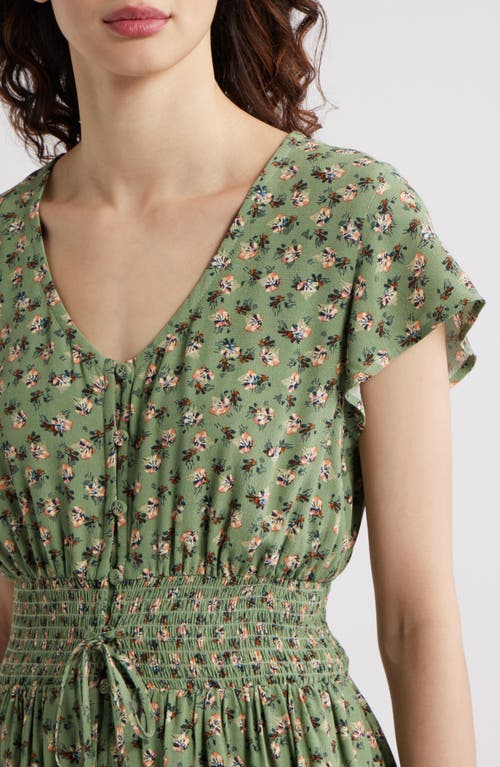 Shop Treasure & Bond Print Smocked Waist Ruffle Hem Maxi Dress In Olive- Rust Elaine Geo